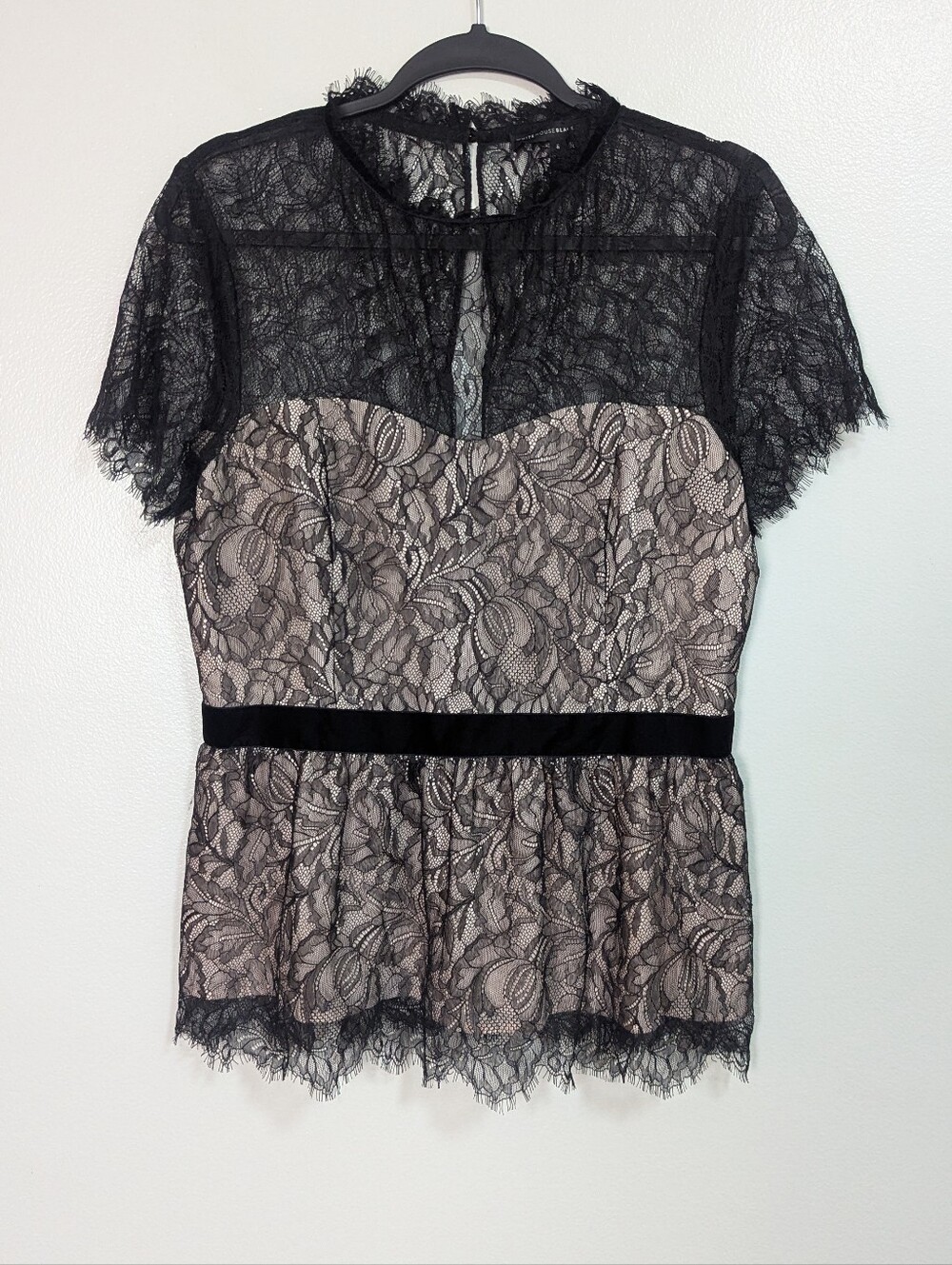 White House Black Market Size 8 Black Lace Nude Illusion Peplum Top